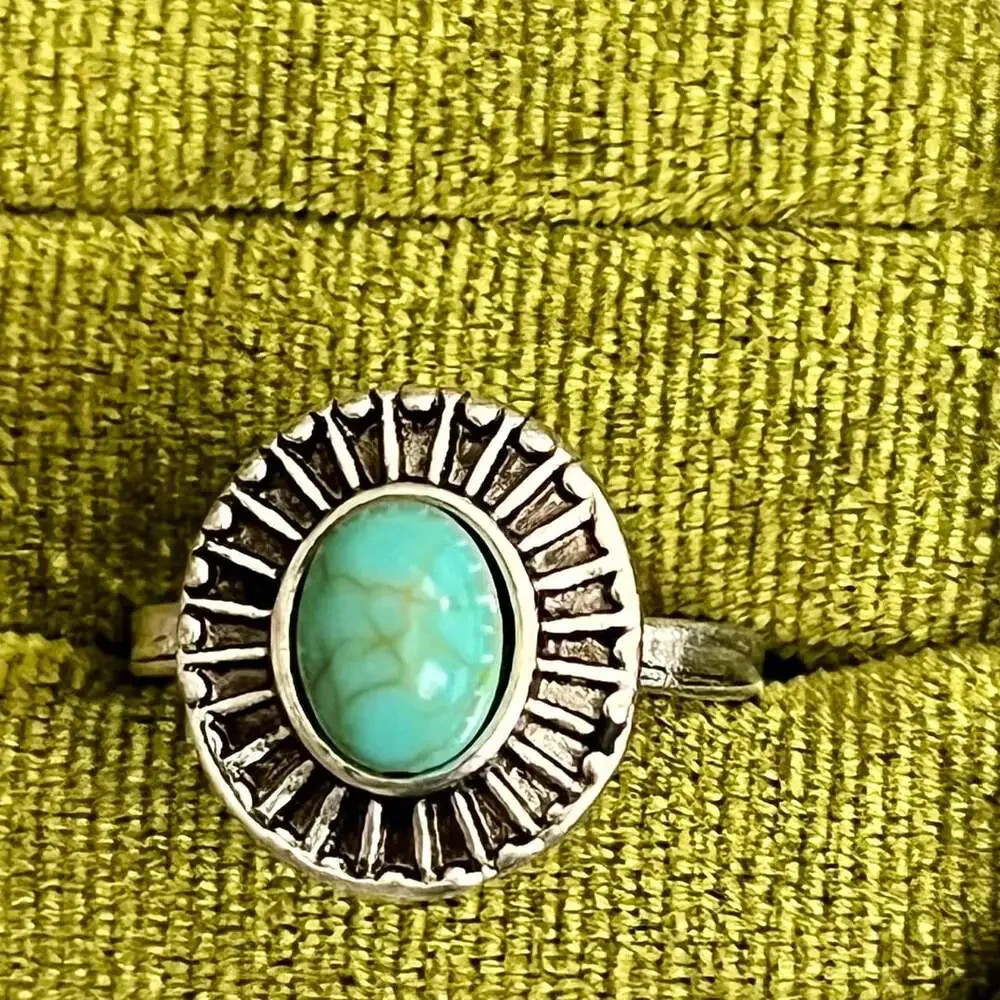 Vintage Turquoise Titanium Steel Silver Statement Ring – Size 6